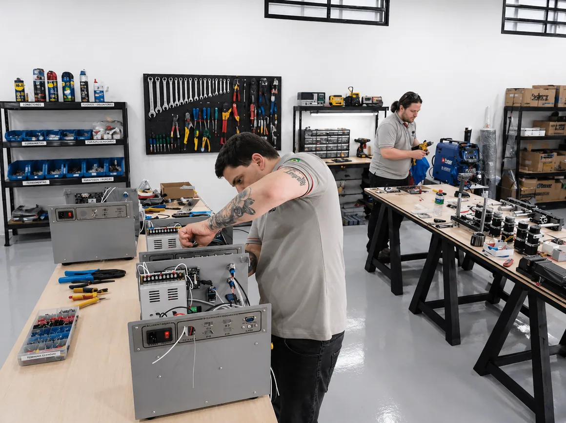 Oficina da GRD em São Carlos, onde mecânica, eletrônica e software são integrados na mesma máquina
